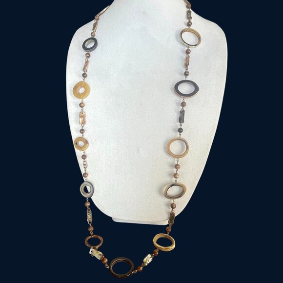 Vtg Tigers Eye Ring Shell Abalone Glass Bead Long Earth Tones Natural Necklace - Picture 1 of 6